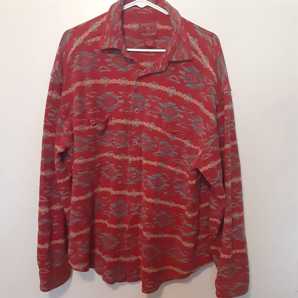 Vintage Barn Fly Shirt Mens M Aztec Red Woven Cotton Long Sleeve Button UP